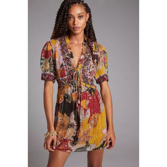 Anthropologie Verb by Pallavi Singee Floral Sequin Beaded Shimmer Mini Dress XXS - Picture 1 of 16